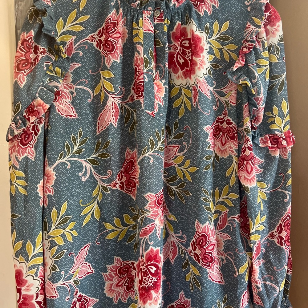 LOFT Floral Ruffle Blouse - Blue and Pink